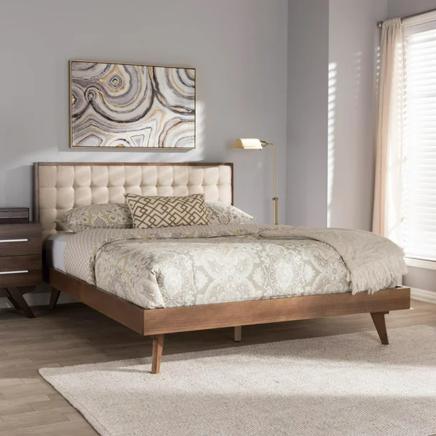 Modern Light Beige Fabric and Walnut Brown Finished Wood Full Size Platform Bed WB-2003