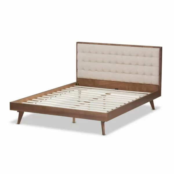 Modern Light Beige Fabric and Walnut Brown Finished Wood Full Size Platform Bed WB-2003