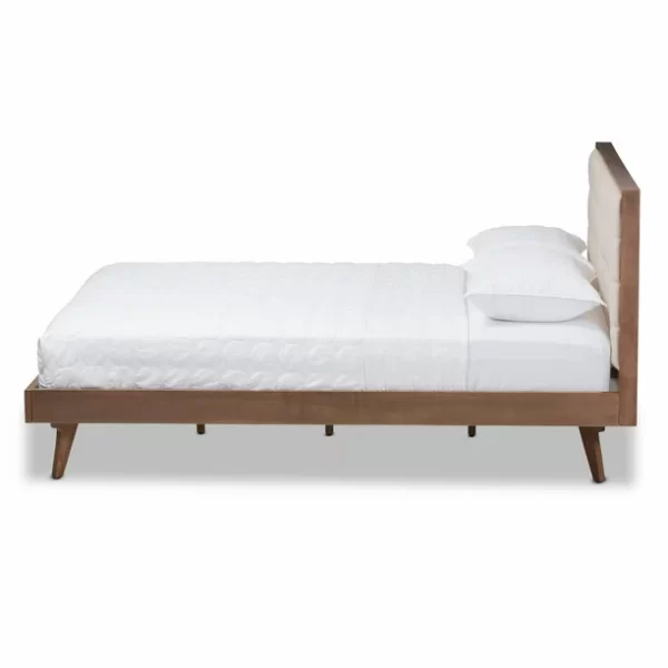 Modern Light Beige Fabric and Walnut Brown Finished Wood Full Size Platform Bed WB-2003