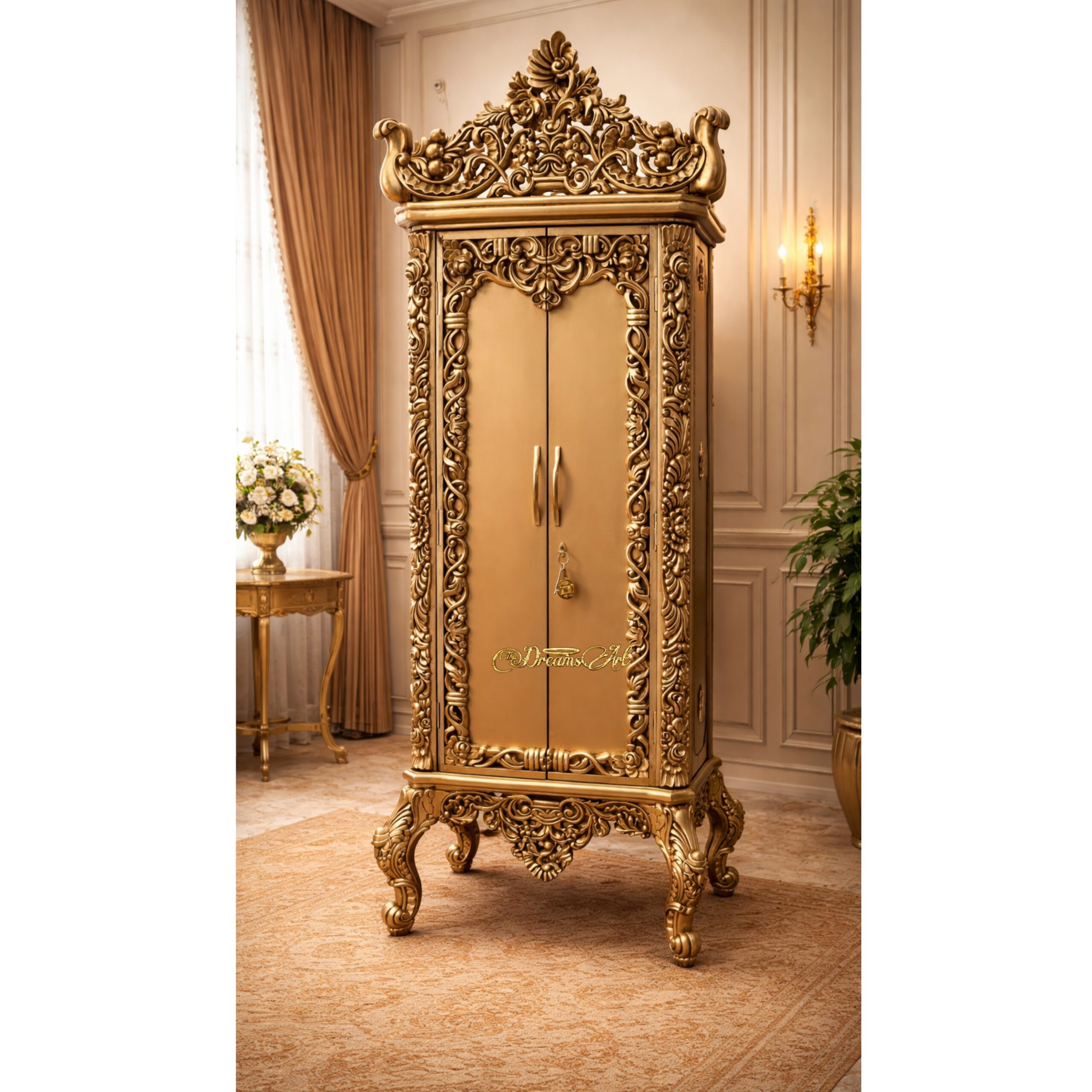 Maharaja Royale Hand-Carved Gold Almirah