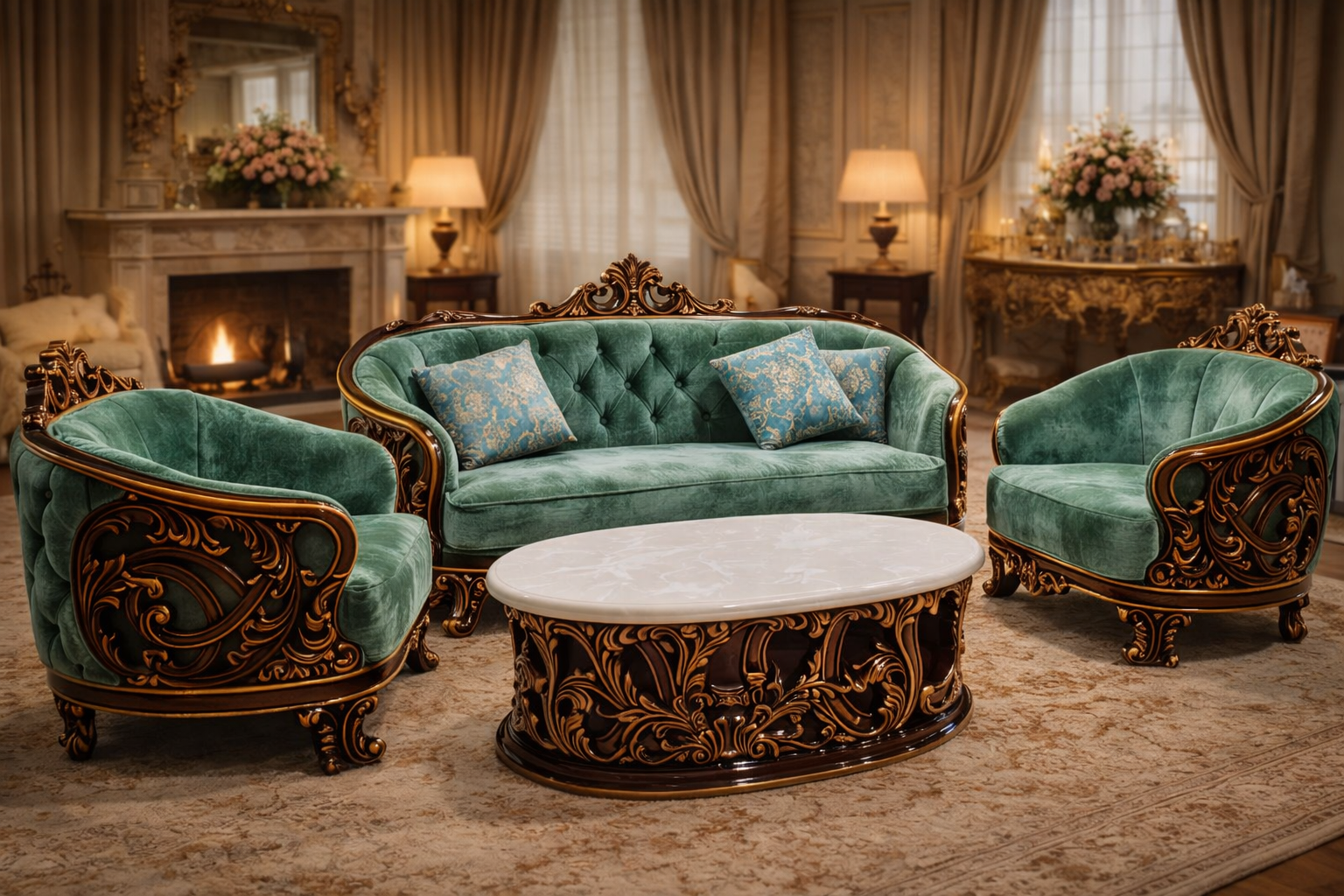 The Emerald Royale Hand-Carved Sofa Set (3+1+1)