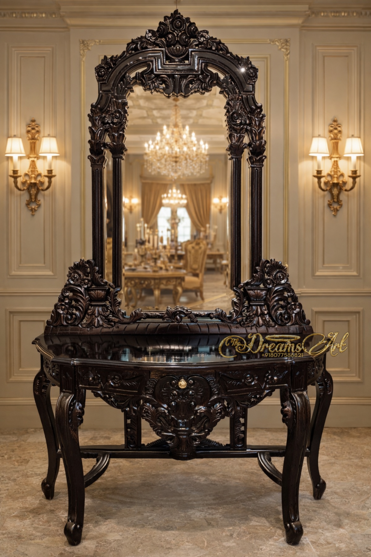 The Noir Empress Hand-Carved Console Table with Frame
