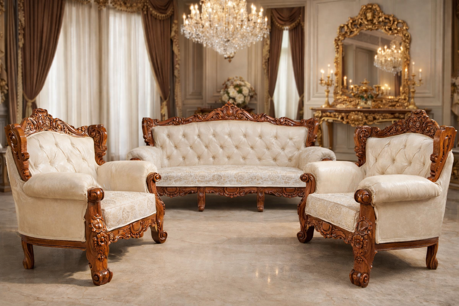 The Ivory Crown Hand-Carved Royal Sofa Set (3+1+1)