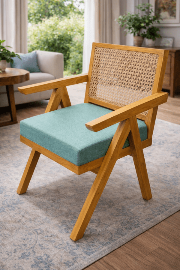 Scandinavian Cane Back Wooden Accent Chair with Teal Cushion