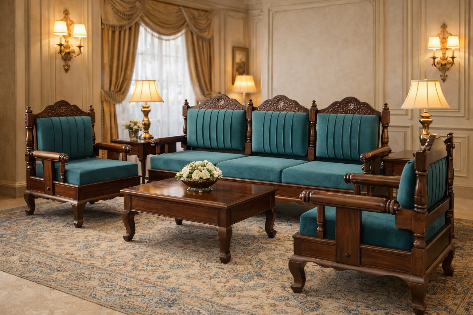 The Rajwada Teal Hand-Carved Wooden Sofa Set (3+1+1)