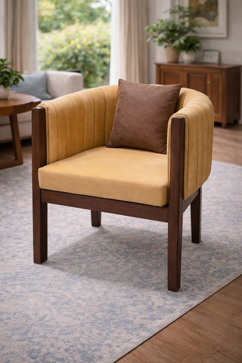 Royal Mustard Velvet Wooden Accent Chair with Modern Panel Design