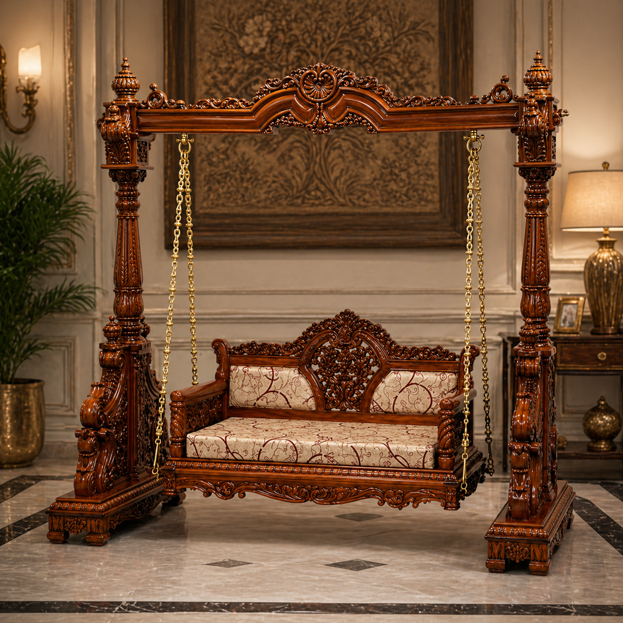 Royal Heritage Hand-Carved Teakwood Swing Sofa (Jhula)