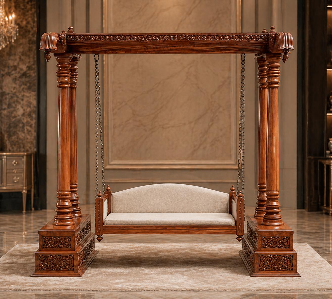 Royal Classic Teakwood Swing Sofa (Minimal Carved Jhula)