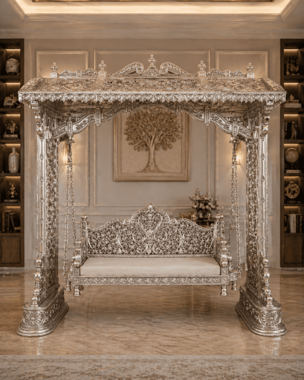Royal Heritage Silver Canopy Swing – Hand-Carved Luxury Jhula