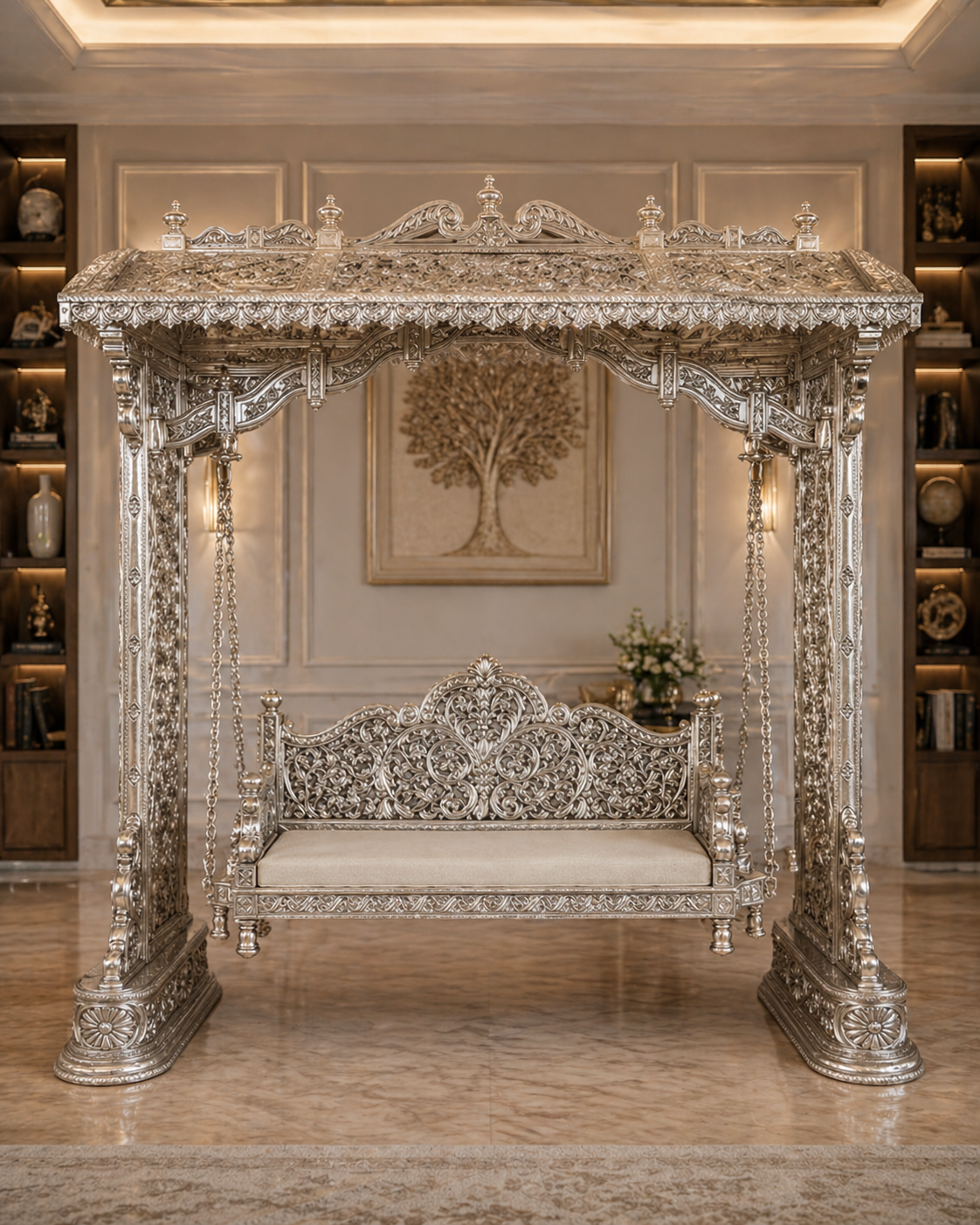 Royal Heritage Silver Canopy Swing – Hand-Carved Luxury Jhula