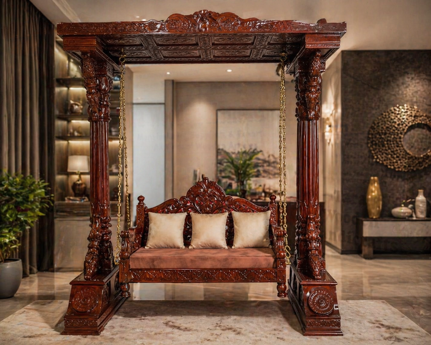 The Royal Heritage Swing Sofa – Hand-Carved Luxury Jhoola