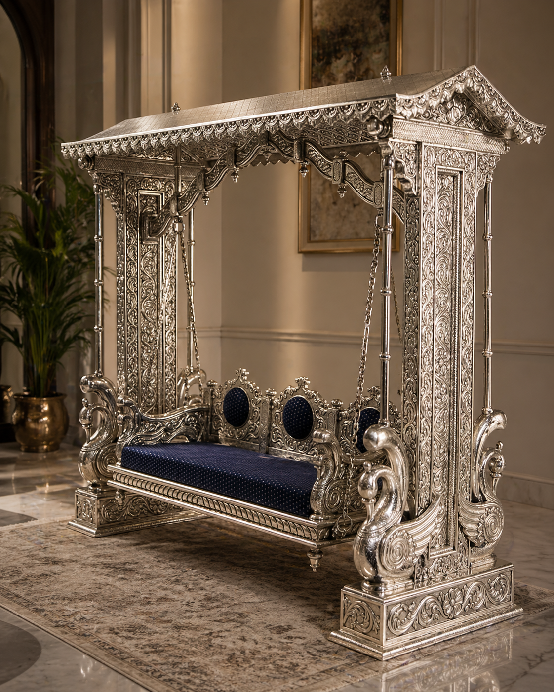 Maharaja Heritage Silver Swing Hand-Carved Royal Sofa with Canopy