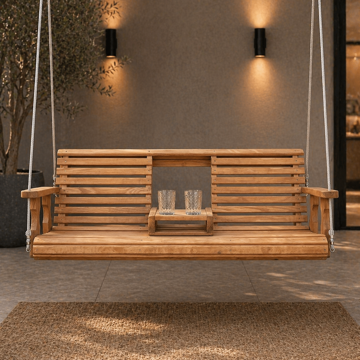 Modern Wooden Hanging Swing Bench with Center Table