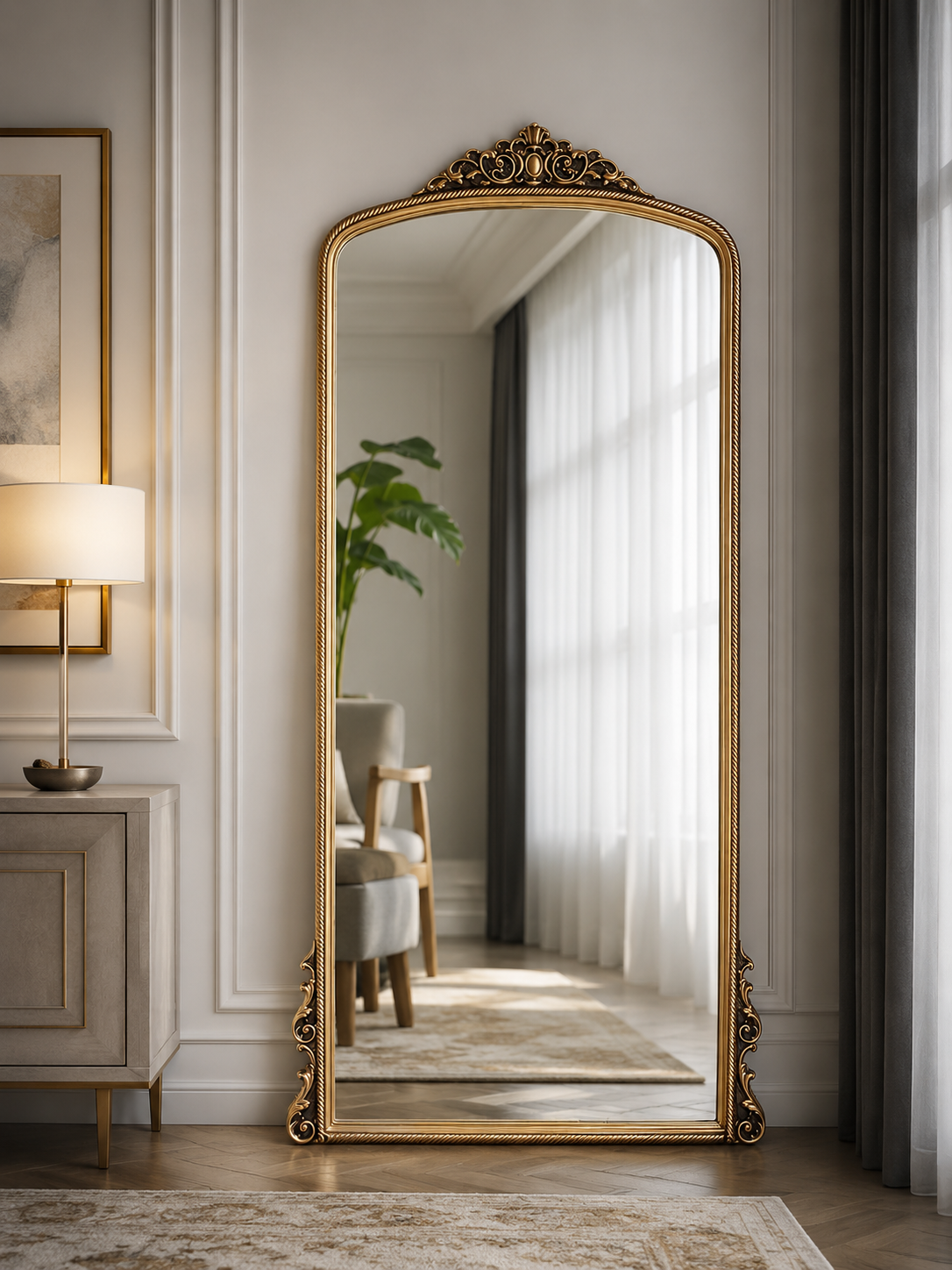 Royal Heritage Gold Arch Mirror – Hand-Carved Luxury Floor Mirror