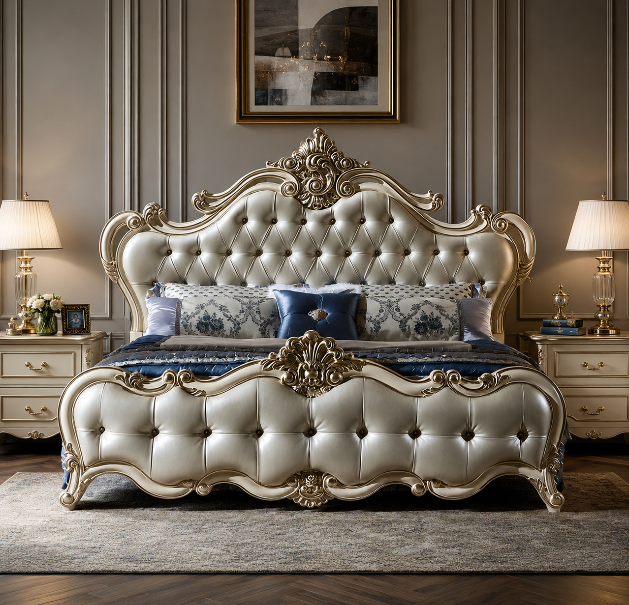 Royal Pearl Majesty – Hand-Carved Luxury Tufted Bed