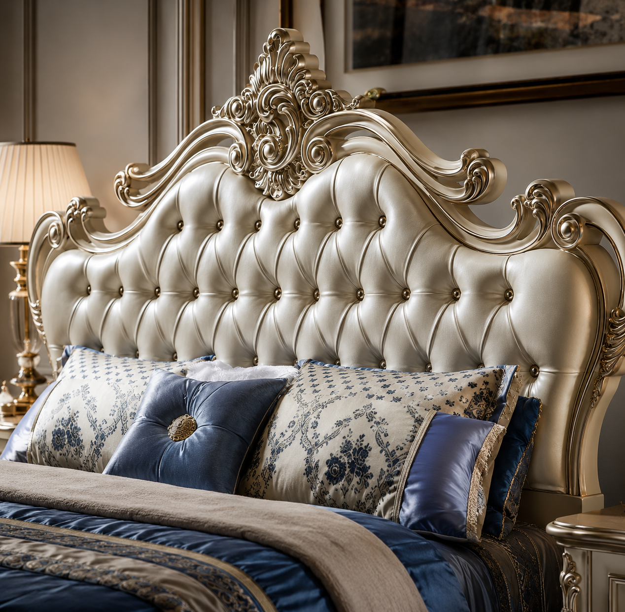 Royal Pearl Majesty – Hand-Carved Luxury Tufted Bed Royal Pearl Majesty – Hand-Carved Luxury Tufted Bed