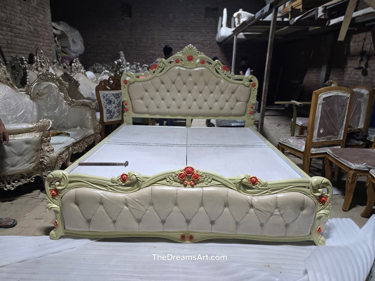 Royal Floral Upholstered Teakwood Bed