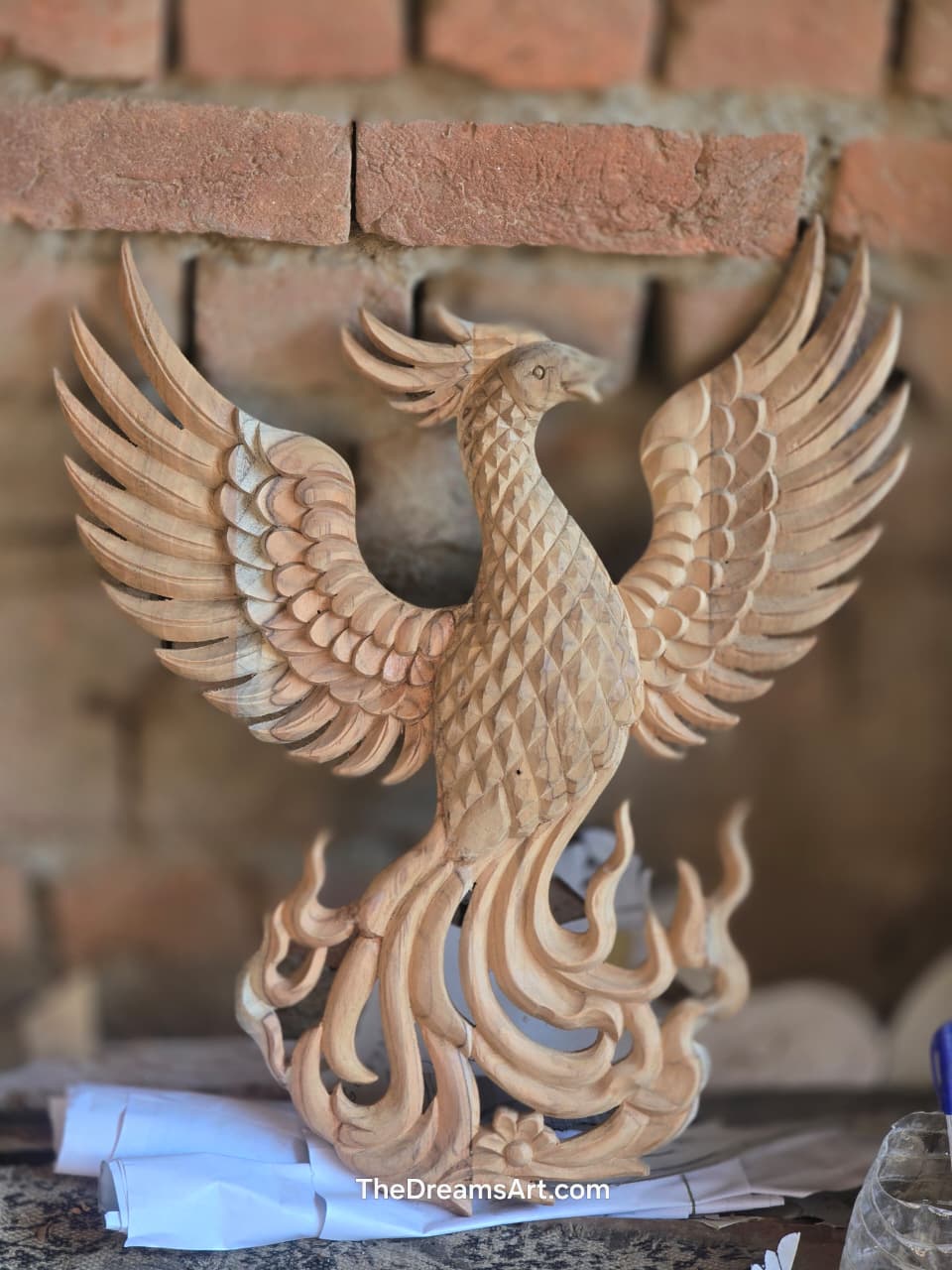 Royal Hand-Carved Wooden Phoenix Sculpture
