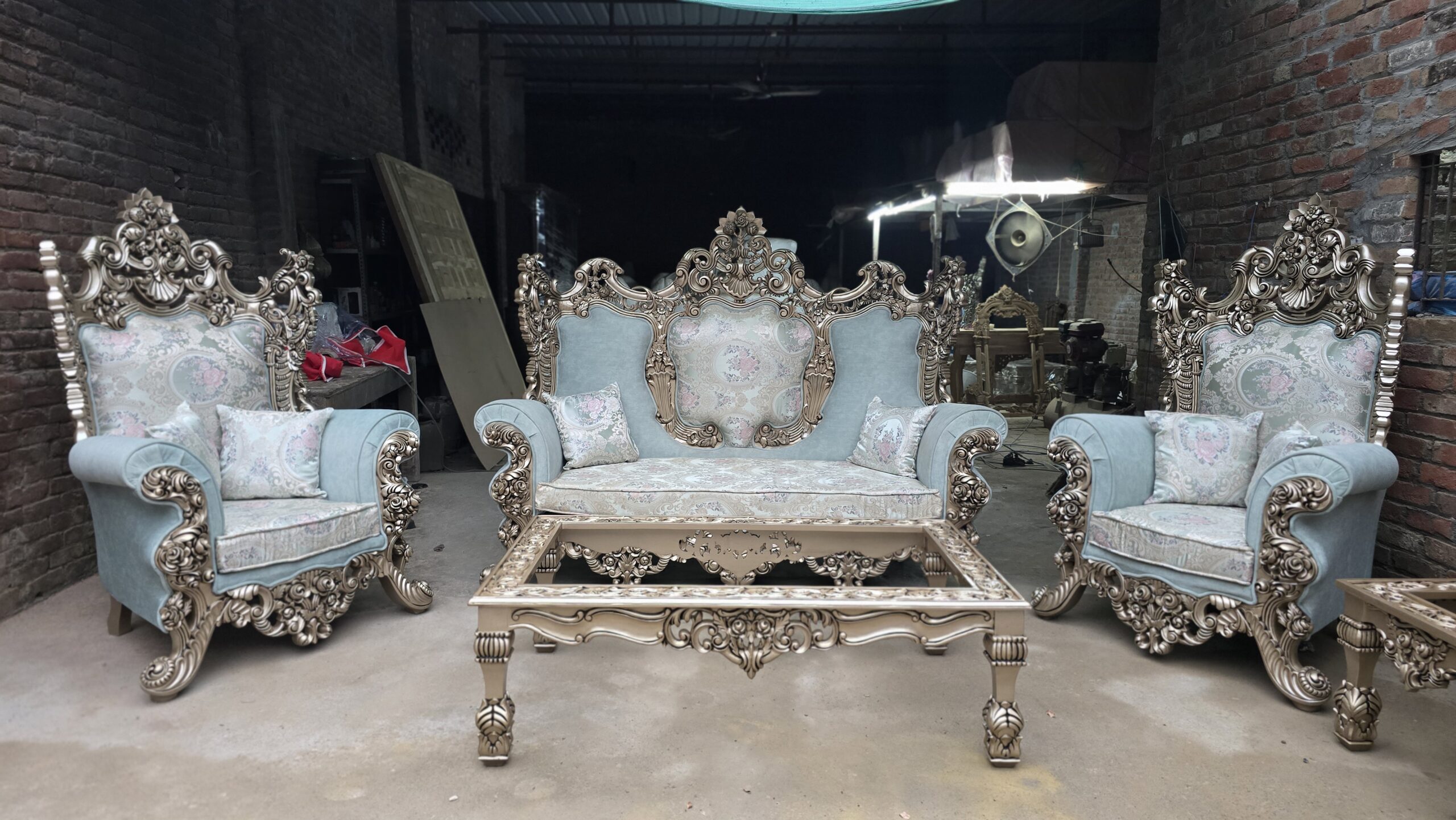 Luxury Hand-Carved Royal Sofa Set 3+1+1 with 2 Stools & Center Table Luxury Hand-Carved Royal Sofa Set 3+1+1 with 2 Stools & Center Table