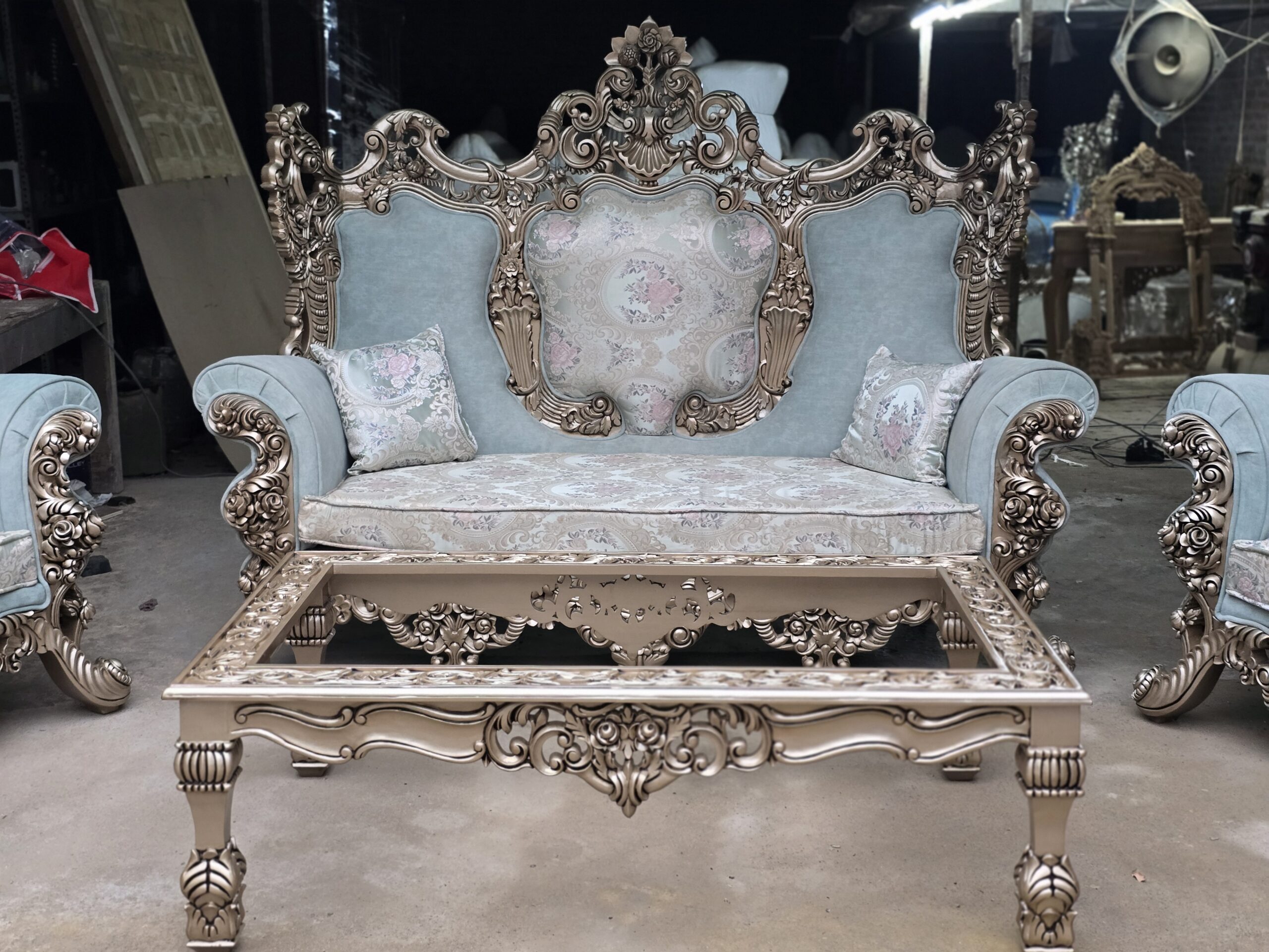 Luxury Hand-Carved Royal Sofa Set 3+1+1 with 2 Stools & Center Table Luxury Hand-Carved Royal Sofa Set 3+1+1 with 2 Stools & Center Table