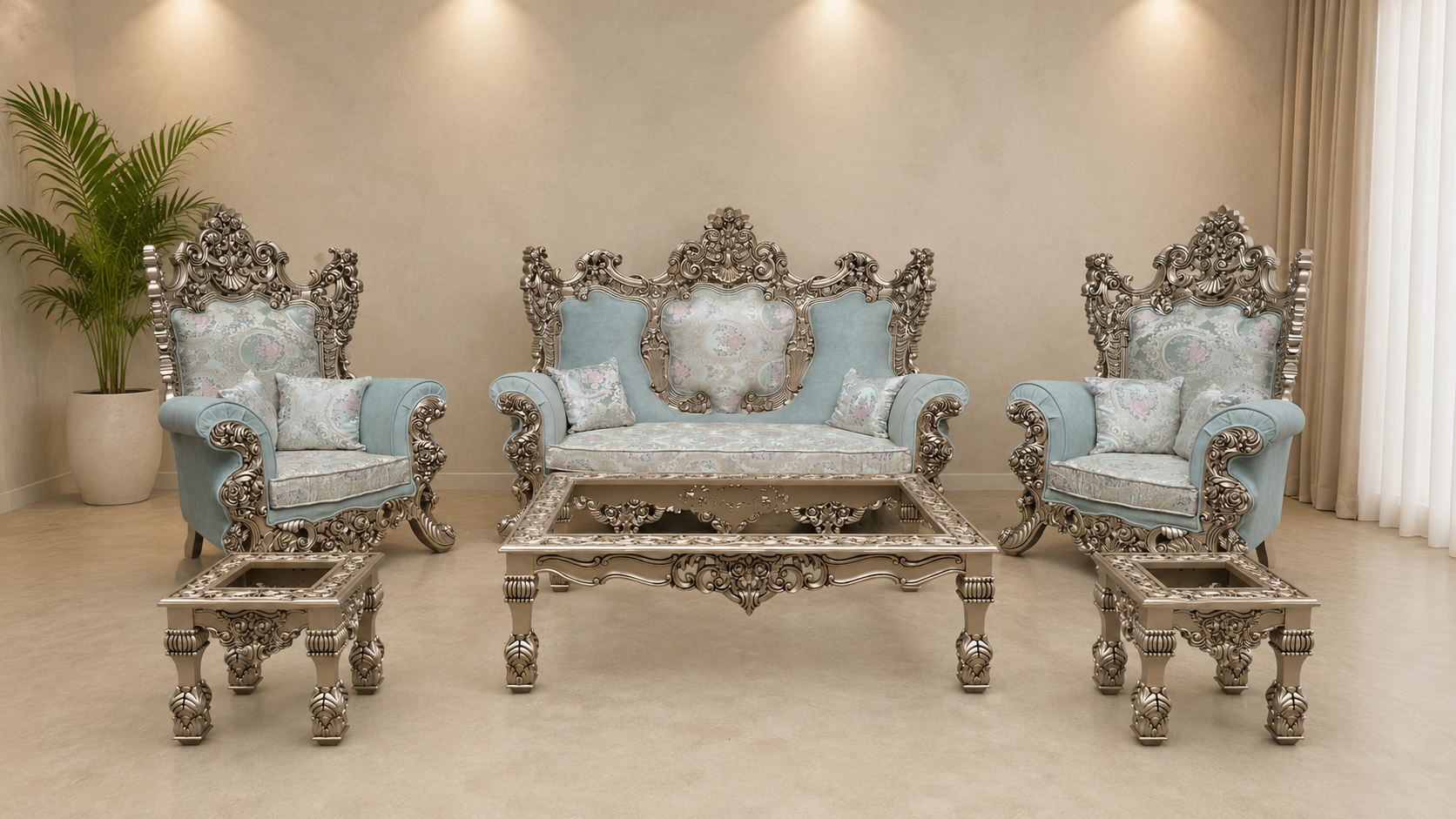 Luxury Hand-Carved Royal Sofa Set 3+1+1 with 2 Stools & Center Table